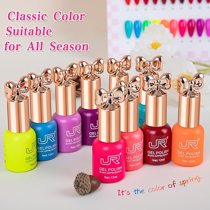 JR Gel Nail Polish 10pcs 0.4oz Neon Gel Nail Polish Set - Vibrant Neon Colors Nail Art Kit for Rave & Summer Festivals, Elegant Bow Bottle Design, Quick Dry & Chip-Resistant Gifts for Women E Model