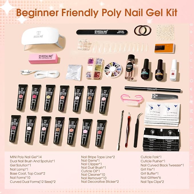 ROSALIND Poly Nail Gel Kit - 14 Colors With 72 Nail Art Accessories, Clear Nude Starter Kit, Mini UV Lamp, Slip Solution for Beginners