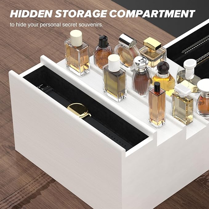 Cologne Organizer for Men, 5 Tier White Cologne Shelf, Perfume Stand with Drawer and Hidden Compartment Perfume Display Holder - A Gift for Men
