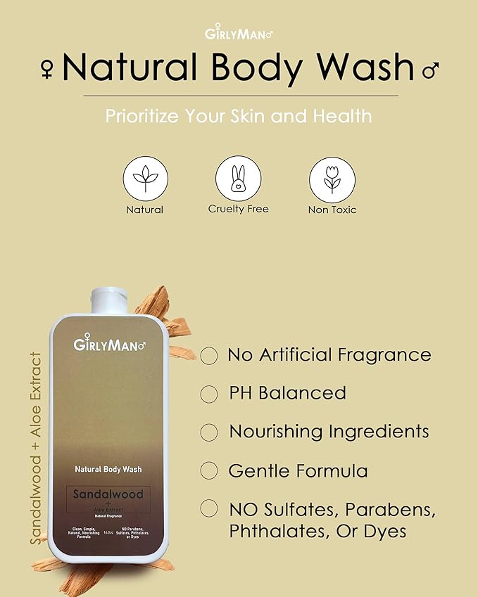 Natural Body Wash - Made with Olive Oil & Aloe Extract, No Artificial Fragrance, PH Balanced, Gentle Formula, Nourishing Ingredients, Family Owned (Sandalwood)