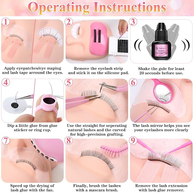 EyeLash Extension Kit for Beginners, Professional Lash EyeLash Extension Practice Kit with Everything, Mannequin Head, Eye Lashes Glue, Lash Kit for Eyelash Extensions Beginners Training