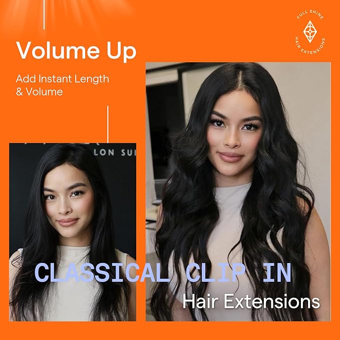 Full Shine 22 Inch Hair Extensions Real Human Hair Clip Ins Black Hair Clip on Extensions Off Black Clip in Hair Extensions Extra Volume Soft Remy Human Hair for Black Women 7 Pcs 150 G