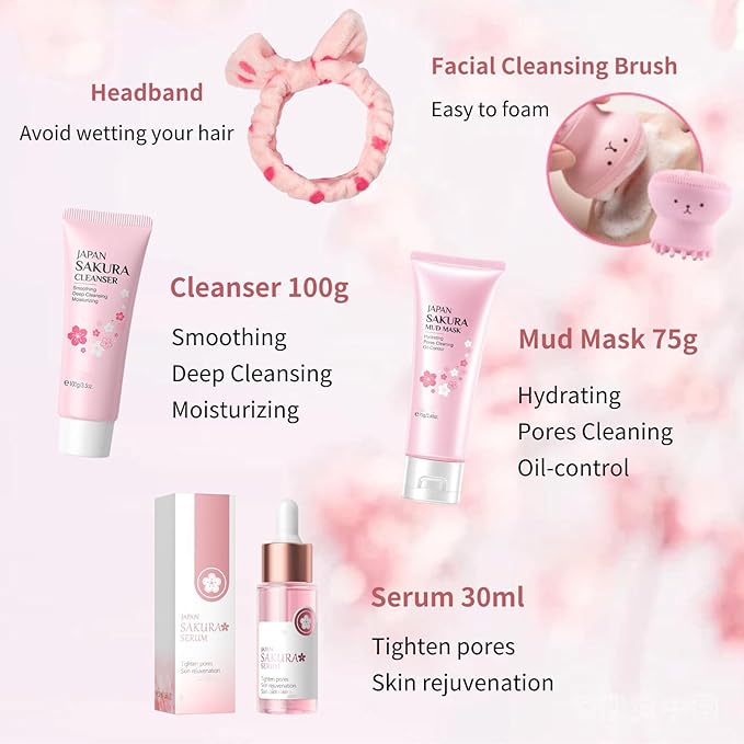 Japan Sakura Skincare Set Mother's Day Gifts for Mom - 8 Pcs Teenage Skin Care Set - Skin Care for Teens 10-12 - Skincare for Girls 10-12 - Teen Skin Care Kit with Face Mask,Cleanser,Cream,Headband