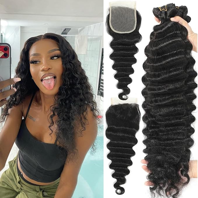 Loose Deep Wave Bundles with Closure 12 14 16+10 Inch 100% Unprocessed Virgin Brazilian Hair Bundles Wavy 3 Bundles and 4X4 HD Lace Closure Natural Color Hair Bundles with Closure