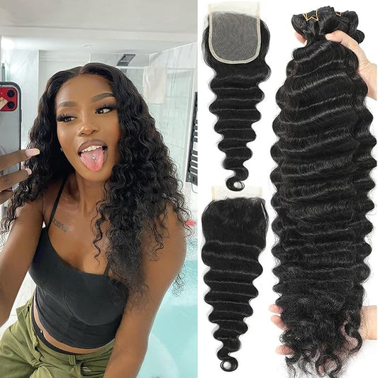 Loose Deep Wave Bundles with Closure 12 14 16+10 Inch 100% Unprocessed Virgin Brazilian Hair Bundles Wavy 3 Bundles and 4X4 HD Lace Closure Natural Color Hair Bundles with Closure