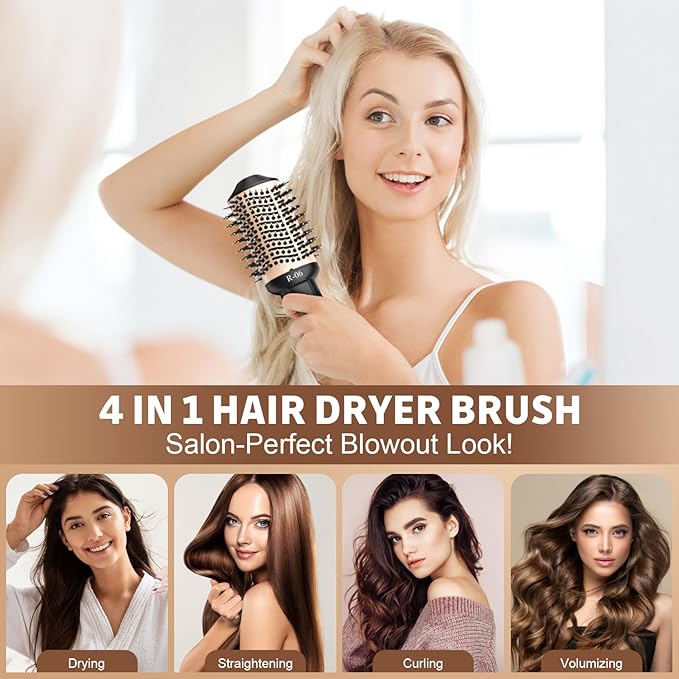 Hair Dryer Brush Blow Dryer Brush in One, 4 in 1 Hair Dryer and Styler Volumizer with Oval Barrel, Professional Salon Hot Air Brush for All Hair Types, Gold