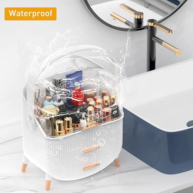 Makeup Organizer with Transparent Lid & 2 Drawers – Large Capacity Cosmetic Skincare Storage Box for Bathroom Vanity, Countertop, Bedroom – Portable and Dustproof, White (11"x7"x14")