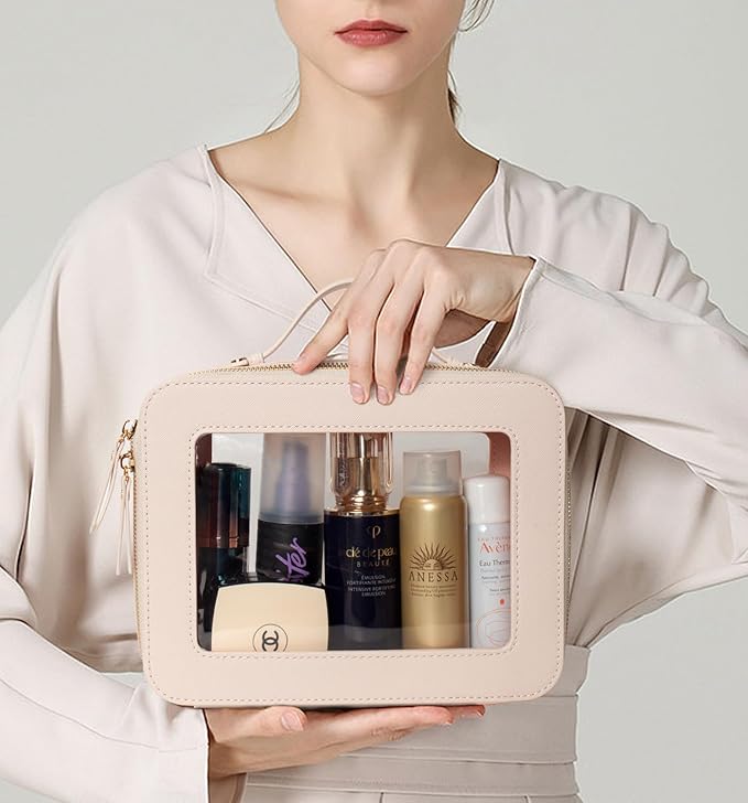 Clear Makeup Bags TSA Approved Toiletry Bag Handle Large Opening,Clear Toiletry Bags for Carry-on Traveling Travel Car Accessories Essentials Organziation Storage for Women Girls(Off White, Large)