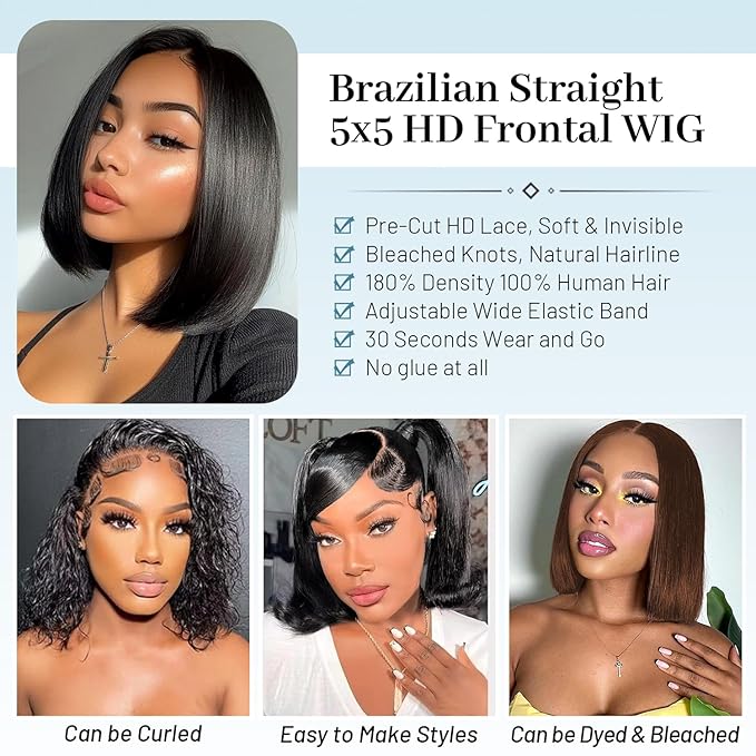 5x5 Hd Lace Closure Wigs Human Hair Glueless Wigs Human Hair Pre Plucked 180 Density 5x5 hd lace closure wigs human hair Wear and Go Glueless Wig 8 Inch