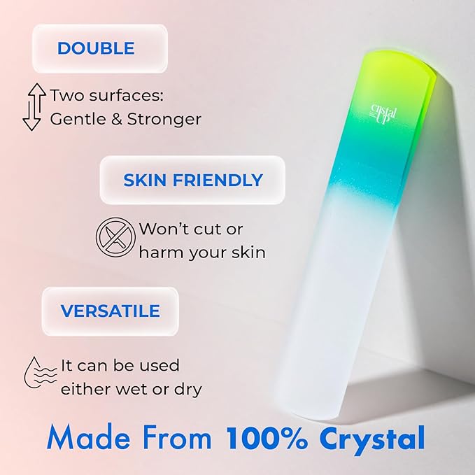 Starter Crystal Nail Set Care - 3PC Includes Glass Foot Scraper, Medium Crystal Nail File, and Cuticle Stick for Natural Nails, Glass Nail File Kit