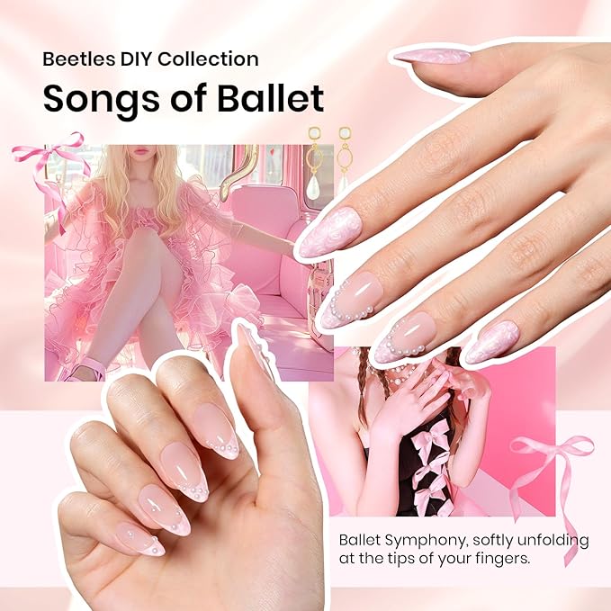 Beetles Gel Nail Polish Gift Set, Beetles X DIY Nail Songs of Ballet Nail Trend Set Pearl nail polish with Nail Charm Ribbon Bow Pearls French Stickers DIY Collection home Salon Gift for Women