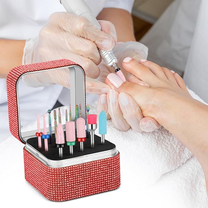 15Pcs Nail Drill Bits Set with Storage Box, 3/32 Inch Tungsten Ceramic Diamond Carbide Nail Drill Bits for Acrylic Gel Polish, Cuticle Efile Remover for Manicure Pedicure
