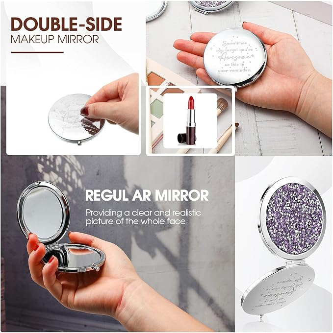 Roowest 10 Pcs Inspirational Compact Mirror Sometimes You Forget You're Awesome Appreciation Gifts for Women Mother's Day Party Favors Magnifying Pocket Mirror (Light Purple)