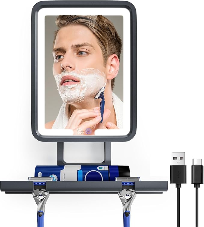 Shower Mirror Fogless for Shaving, Anti Fog Bathroom Mirror with Light, Heated Fog Free Shaving Mirror, 5000mAh Rechargeable Battery with 2 Razor Holders & Storage Tray, 3-Color Dimmable