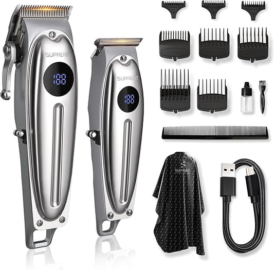 SUPRENT Professional Rechargeable Hair Clipper-Hair Clippers for Men, Cordless Hair Cutting Kit with LED Display (Silver)