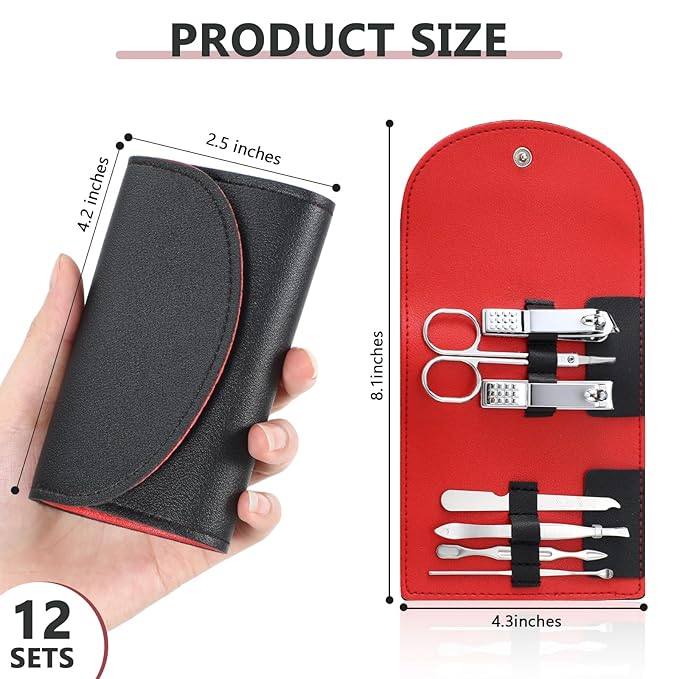 12 Set Manicure Set Bulk Mini Manicure Nail Clipper Kit 7 in 1 Stainless Steel Professional Nail Care Pedicure with Travel Portable Bag Grooming Kits for Women Men Home(Black)