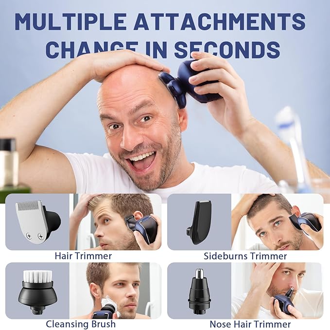 Head Shaver 7D, Wyklaus Upgrade Head Shavers for Bald Men, Head Electric Razor with Nose Hair Trimmer, IPX6 Waterproof Wet/Dry Mens Grooming Kit, Anti-Pinch, LED Display, USB Rechargeable