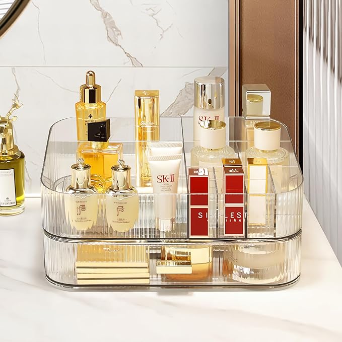 Clear Makeup Organizer for Vanity, Large Desk Organizer with Stackable Drawer for Cosmetics, Skincare, Lipsticks, Palette, Nail Care, Ideal Storage for Dresser and Bathroom Countertop