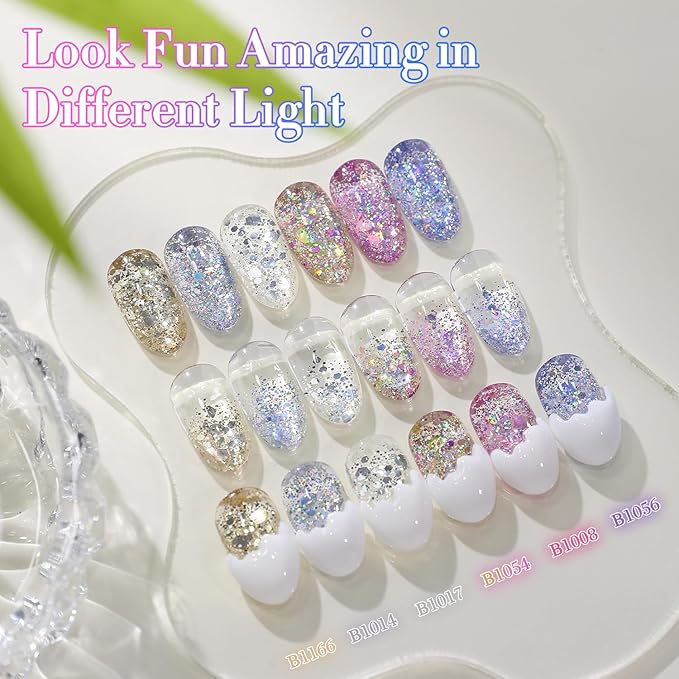 Double Rhythm 0.5 Oz Glitter Gel Polish Set of 6 Color with Display Board 15 ml Full Size Kit Shimmer Reflective Sparkle Soak Off Manicure Salon DIY at Home (Gold Blue Silver Purple Pink-T6-37)