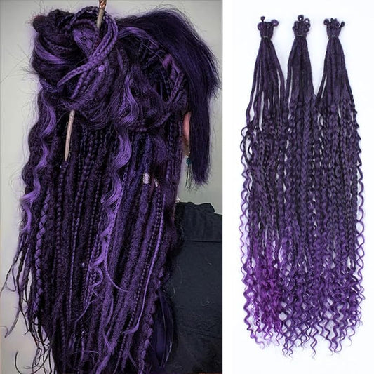 24 In 30 Strands Boho Braid Dreadlock Extensions, Ombre Purple Synthetic Curly Dreads Extensions with Box Braid, 100% Handmade Dreads Hippie Style Dreadlocks for Woman