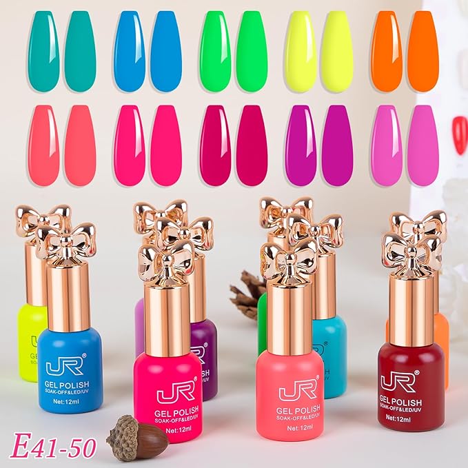 JR Gel Nail Polish 10pcs 0.4oz Neon Gel Nail Polish Set - Vibrant Neon Colors Nail Art Kit for Rave & Summer Festivals, Elegant Bow Bottle Design, Quick Dry & Chip-Resistant Gifts for Women E Model