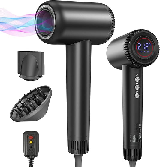 Hair Dryer, 180000 RPM High-Speed Blow Dryer, 1600W Low Noise Brushless Motor, Negative Lonic Professional Care Hair Dryer, 4 Thermo-Control with Magnetic Diffuser and Nozzle for Travel, Salon(Black)
