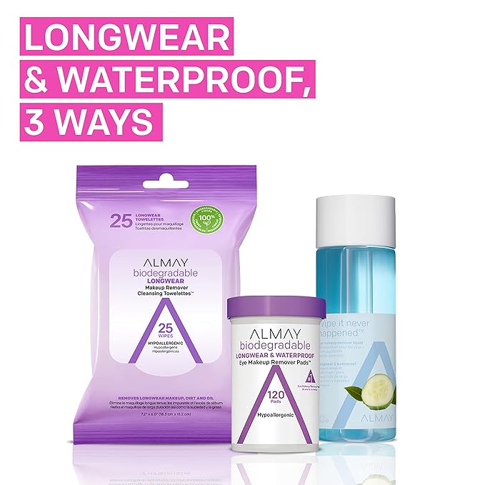 Almay Biodegradable Makeup Remover Pads, Longwear & Waterproof, Hypoallergenic, Fragrance-Free, Dermatologist & Ophthalmologist Tested, 120 count