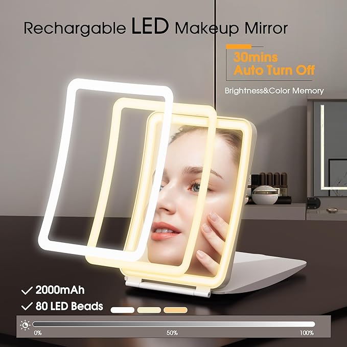 10X/1X Magnification Lighted Makeup Mirror with Lights, Rechargeable Magnifying Mirror with 80LED&2000mAh Battery, Portable Travel Vanity Mirror with 3 Colors Dimmable Lighting, Travel Essentials