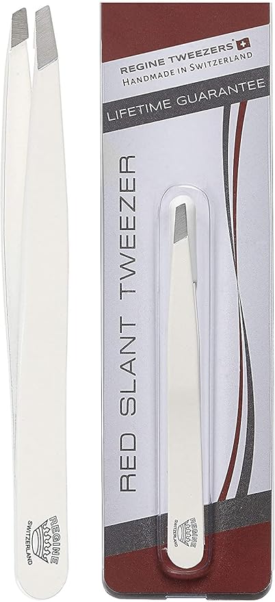 Slant Tweezer - Handmade in Switzerland - Professional Eyebrow & Facial Hair Remover - Etched Interior Grabs Hair from The Root - Perfectly Aligned Tips - Stainless Steel, White