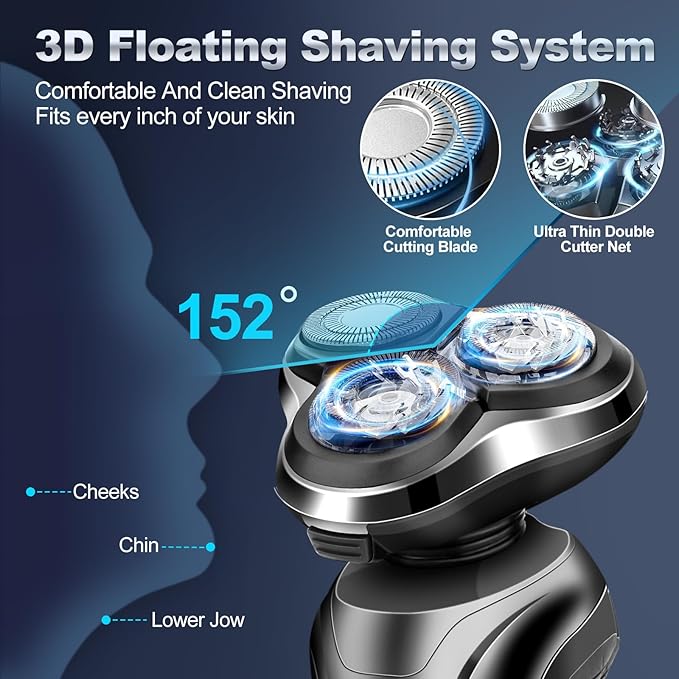 Electric Razor for Men, Men's Electric Shavers Rotary Replacement Waterproof Rechargeable,Electric Shaver for Men Cordless Floating Head Replaceable Blades,Portable Travel Razor Ideal Men Gift