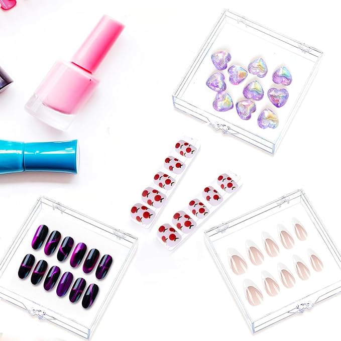 30 Sets Press on Nail Box Nail Display Case Artificial Nail Display Storage Box with 60 Pcs Adhesive Double Sided Tape Acrylic Nail Box Press On Nail Packaging for Nail Salon (Clear, 2.76 x 2.76 inch)