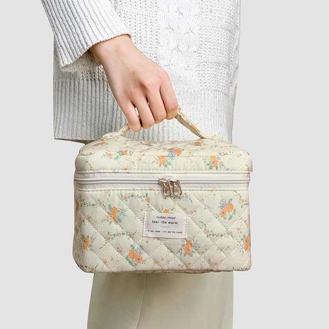 3Pcs Cotton Quilted Makeup Bag for Women Girls, Large Floral Cosmetic Bag Set Cute Makeup Brushes Aesthetic Accessories Storage Bag Yellow Daylily Flower Travel Toiletry Bag Organizer