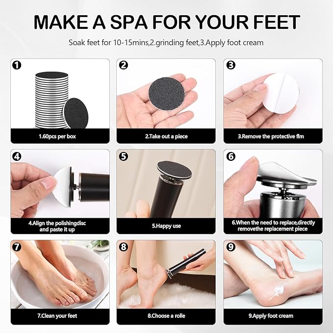 Rechargeable Metal Electric Foot File Callus Remover, Grinder Tool for Feet Dead Skin Professional Pedicure Wand Heel Scraper with 60pcs Replacement Sandpaper Discs (Black)