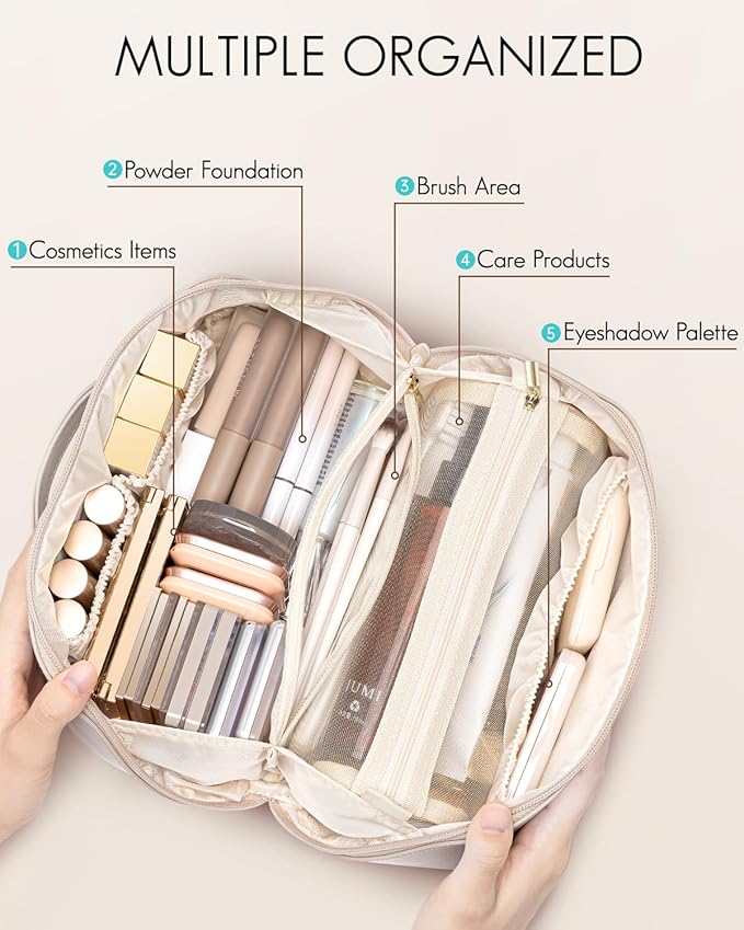 Vlando Travel Makeup Bag, Gifts for Mom Teachers,Make up Bag Travel Toiletry Bag for Women Open Flat Makeup Organizer with Divider and Handle-White