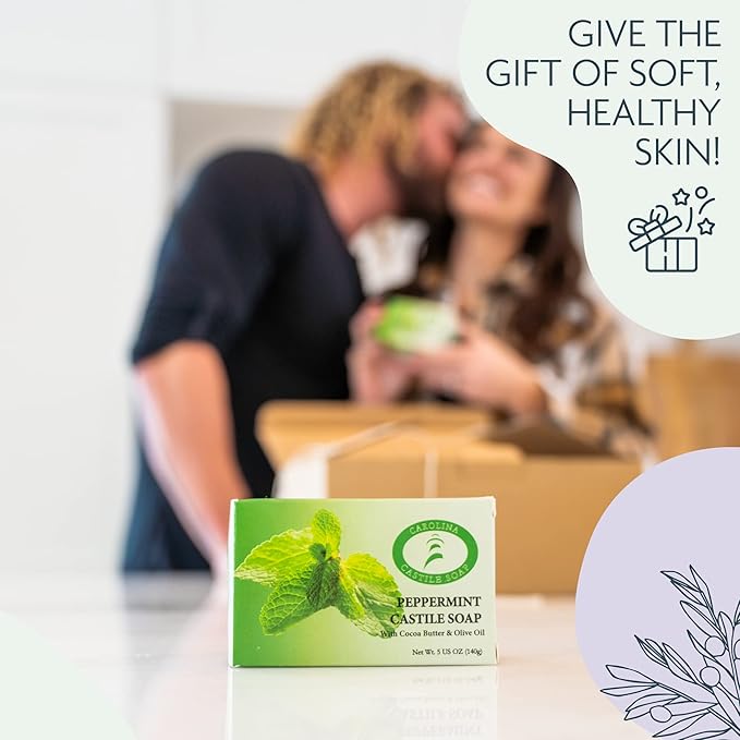 Body Wash Castile Soap Bar for Sensitive Skin – Long Lasting Natural Bar Soap for Men and Women with Olive Oil and Cocoa Butter - Vegan Peppermint by Carolina Castile, 5 oz Each