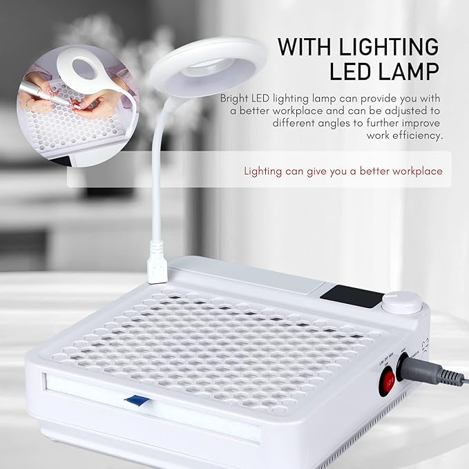 SAVILAND 3-in-1 Nail Dust Collector – Powerful Nail Vacuum Fan with Efile Nail Drill Lighting Lamp Reusable Filter Dust Collector Extractor for Manicure Nail Art Equipment Acrylic/Gel Nails Removal