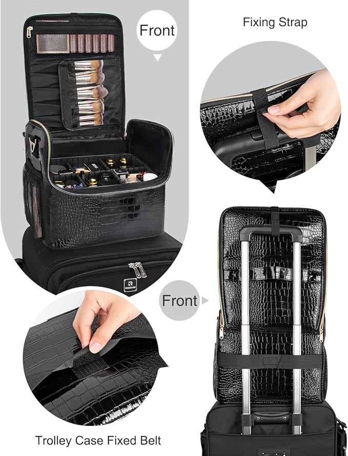 Travel Makeup Bag, Tattoo Case with 4 Inner Removable Pouches, Professional Makeup Artist Bag Travel Organizer Box with Adjustable Dividers (Medium, Black)