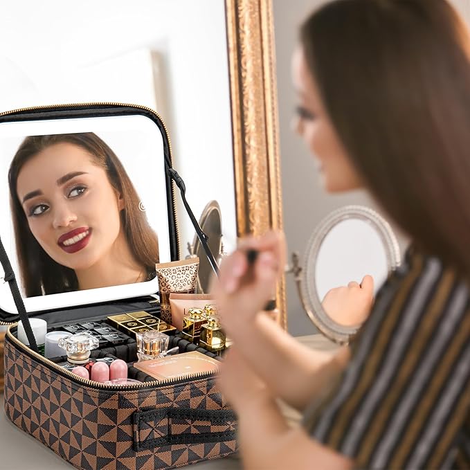 Makeup Travel Train Case with Mirror LED Light 3 Adjustable Brightness Cosmetic Bag Portable Storage Adjustable Partition Waterproof Makeup Brushes Makeup Jewelry Gift for Women