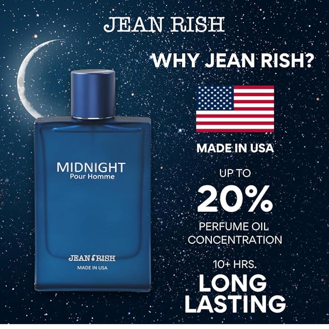 Jean Rish Midnight Pour Homme Eau De Toilette for Men (3.4 Fl Oz / 100ml) with Rosemary, Bergamot & Sea Notes - Long Lasting and Luxury Fragrance