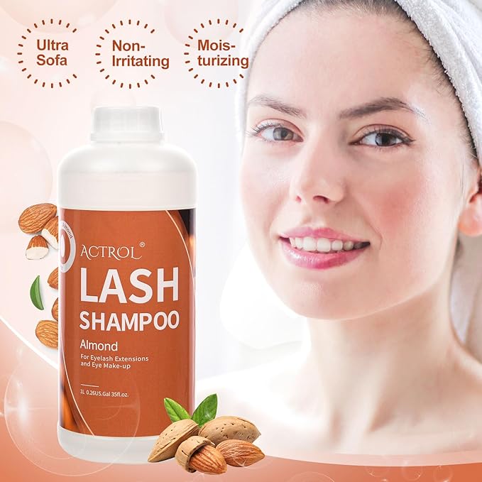 Eyelash Extension Cleanser Almond 1L Natural Lash Extension Shampoo Professional Eyelid Foaming Cleanser Paraben & Sulfate Free Non-lrritating with Salon and Home Care