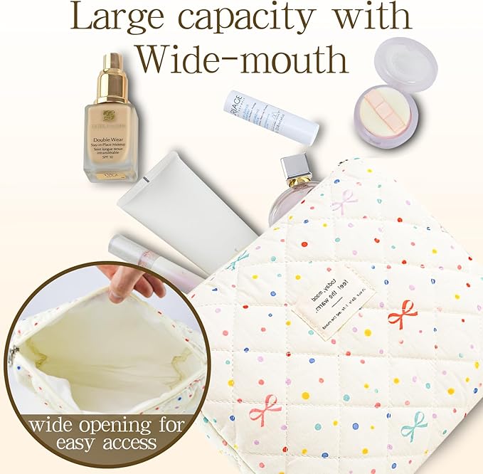 3Pcs Quilted Makeup Bag, Cute Floral Cotton Cosmetic Bag set, Coquette Bow Makeup Pouch Large Travel Toiletry Bag