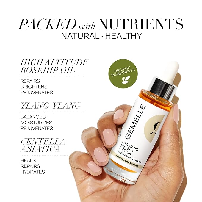 GEMELLE Lymphatic Gua Sha Face Oil | 10x Award Winner | Detox, Plump, Sculpt, Hydrate | Premium Natural Botanical Oil for Gua Sha Facial Tools, Lymphatic Drainage Massager, Jade Gua Sha Stone - 30ml