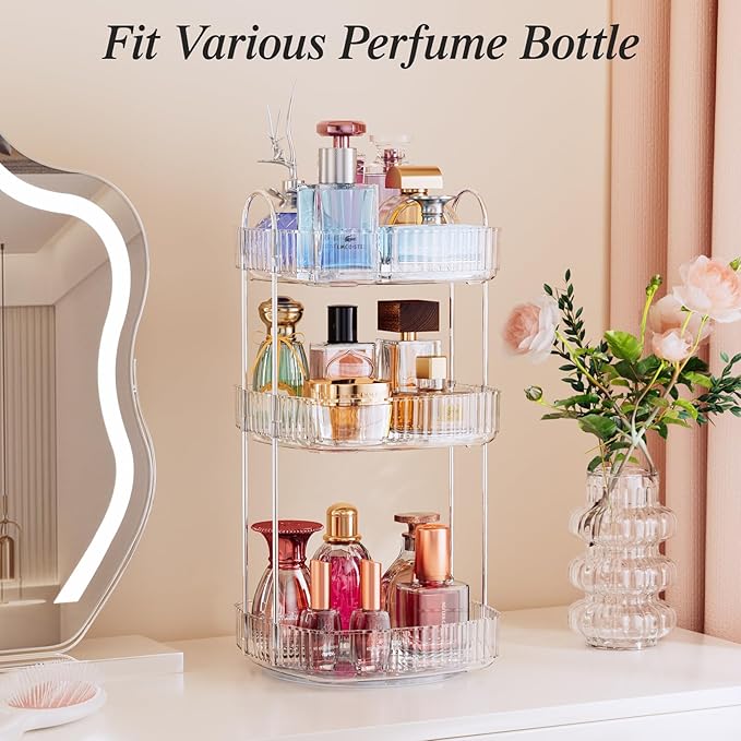 Delamu Rotating Bathroom Countertop Organizer, Large Capacity 3-Tier Multi-Function Storage for Cosmetics, Skincare, and Perfume, Makeup Organizer Countertop Ideal for Dresser, Bathroom,Vanity, Clear