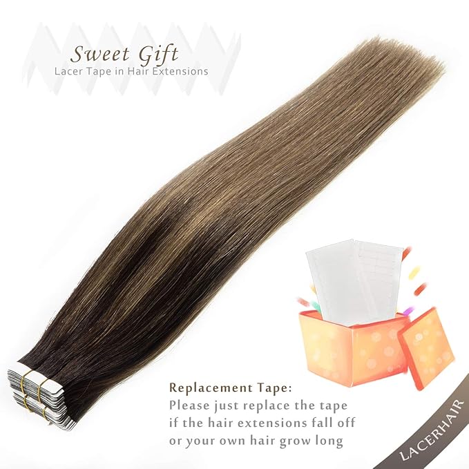 LacerHair Professional Human Hair Tape in Extensions Balayage Darkest Brown to Chestnut Brown B#2/6 Real Remy Human Hair Reusable Tape in Extensions 20Pcs 50g per set 16 Inch