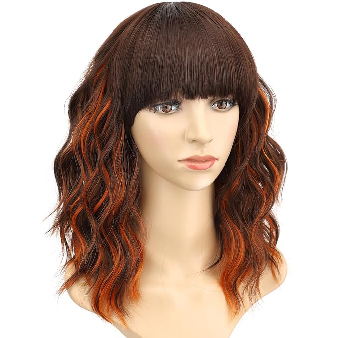 AISI HAIR Ginger and Brown Synthetic Wavy Curly Bob Wig with Bangs Short Wavy Hair for Women Synthetic Heat Resistant Bob Wigs
