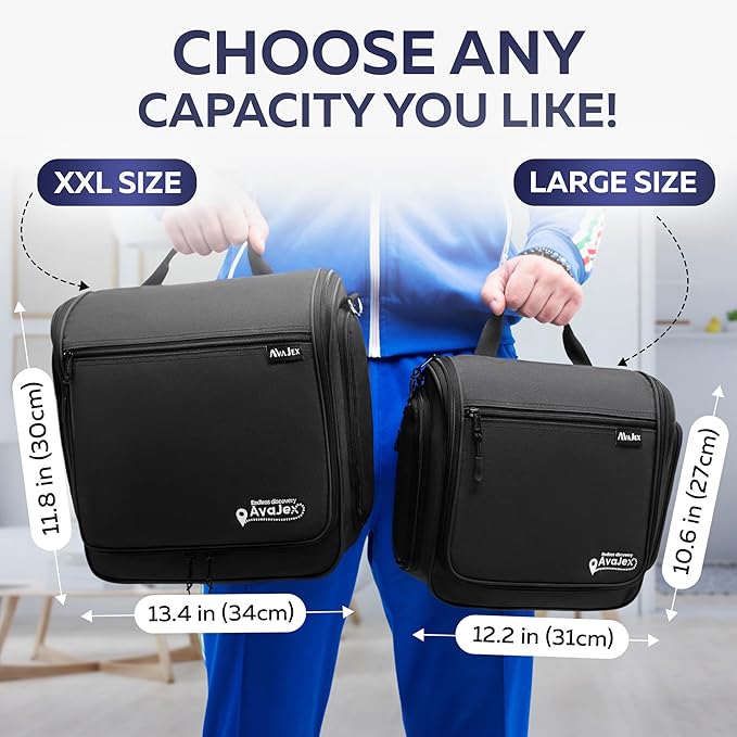 AvaJex Extra Large Hanging Travel Toiletry Bag for Men and Women - Cosmetic Travel Bag With Shoulder Strap - Waterproof Hygiene Bag with Metal Xxl Swivel Hook and 19 Compartments for Toiletries