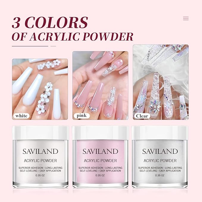SAVILAND Acrylic Nail Kit for Beginners: White Pink Clear Acrylic Powder and Liquid Set with Nail Brush Forms Manicure Tools Kit with Everything for Beginners Home DIY Nail Art Salon
