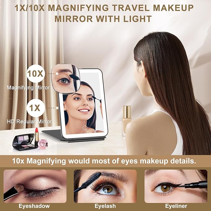 LED Foldable Travel Makeup Mirror - 5x7 inches 3 Colors Light Modes USB Rechargeable Touch Screen, Portable Tabletop Cosmetic Mirror for Travel, Cosmetic, Office (Black)