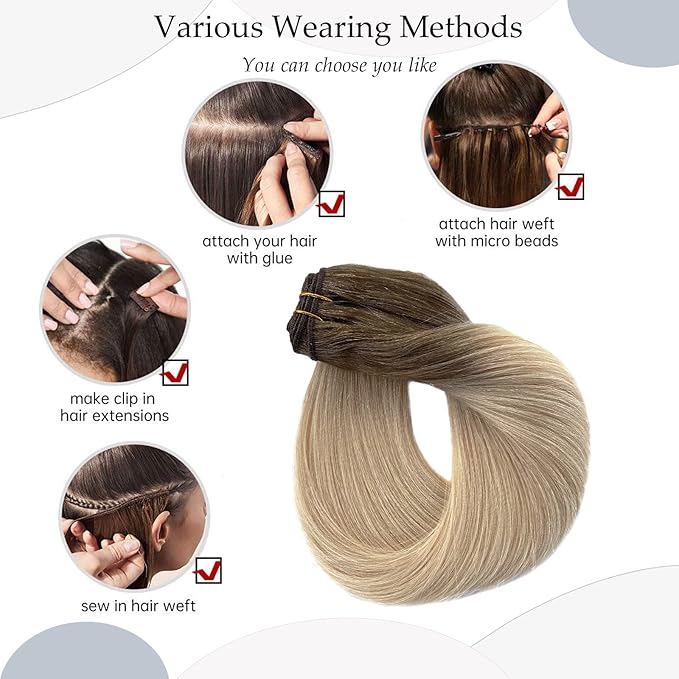 Sew in Hair Extensions Real Human Hair,18 Inch 100G Hand Tied Weft Hair Extensions Human Hair Ombre Brown Fading to Blonde Bundles Sew in Weft Hair Extensions Real Human Hair Weave Bundles for Women