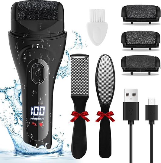 Electric Foot File Pedicure Feet Hard Skin Remover Foot Scraper Dry Dead Skin Remover Callus Exfoliator Rechargeable Feet Scrubber with 3 Replacement Rollers Foot Care Skin Removers, Black
